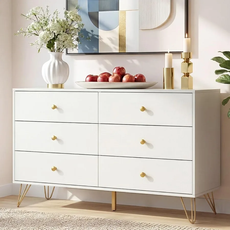 Storage & Organization - Bedroom 6-Drawer White Dresser with Golden